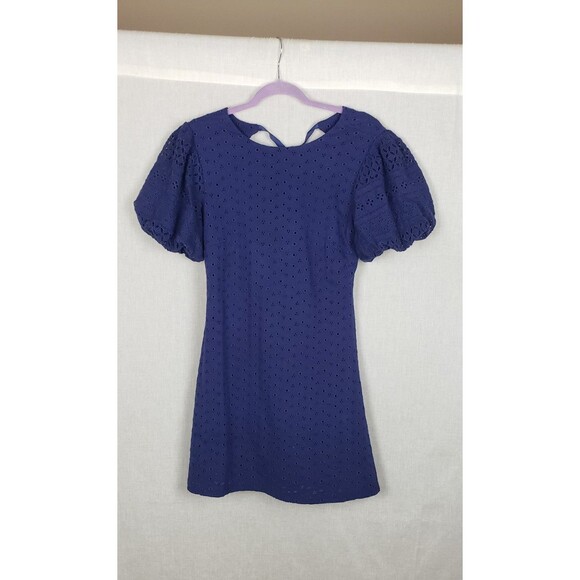 Free People Dresses & Skirts - Free People Mini Dress Apricot Rose Puff Sleeve Eyelet Indigo Navy Blue Small
